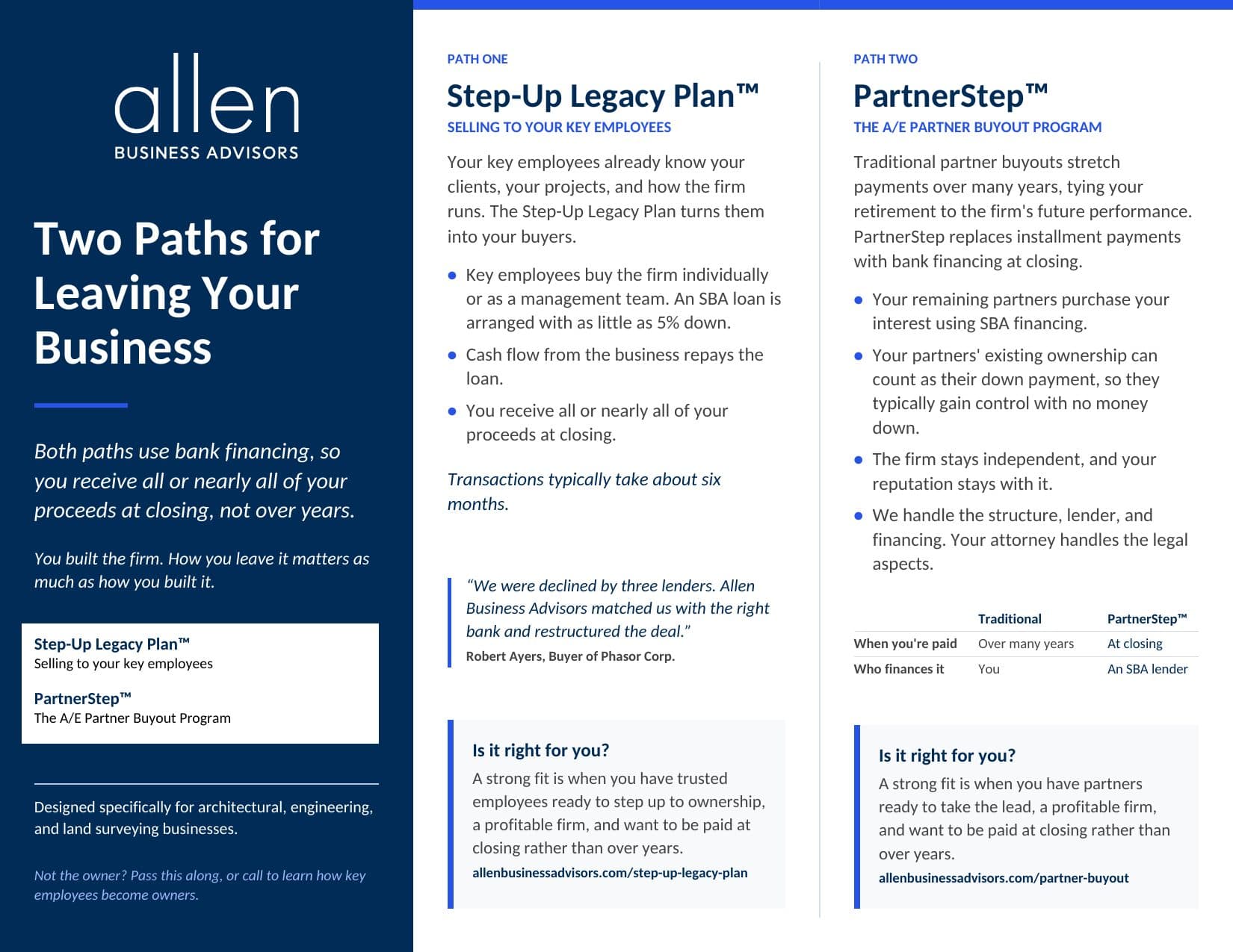 First page of the Two Paths for Leaving Your Business brochure, comparing the Step-Up Legacy Plan and PartnerStep